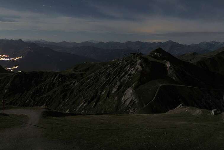 Webcam view from La Grande Rochette, the top of the main bowl in the La Plagne ski area, at 2505 metres