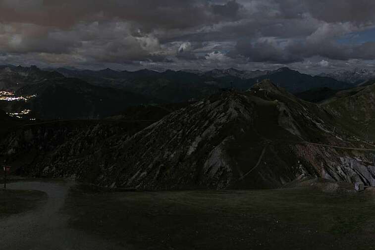 Webcam view from La Grande Rochette, the top of the main bowl in the La Plagne ski area, at 2505 metres