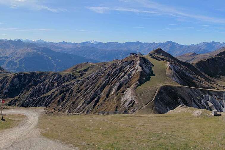 Webcam view from La Grande Rochette, the top of the main bowl in the La Plagne ski area, at 2505 metres