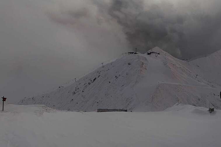 Webcam view from La Grande Rochette, the top of the main bowl in the La Plagne ski area, at 2505 metres