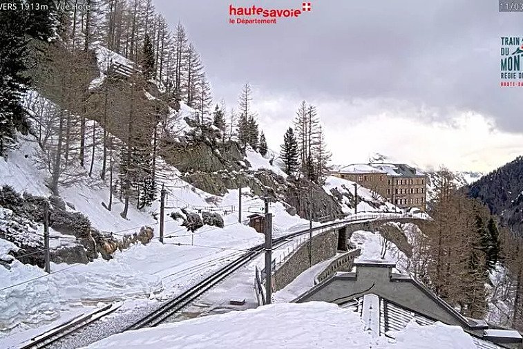 Webcam view overlooking the Montenvers railway top station at the Mer de Glace, near Chamonix