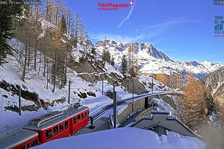 Webcam view overlooking the Montenvers railway top station at the Mer de Glace, near Chamonix